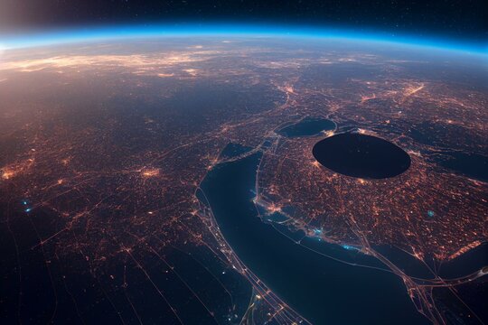 realistic united arab emirates from space, UAE from space, night saudi arabia from space 3d render. Generative AI