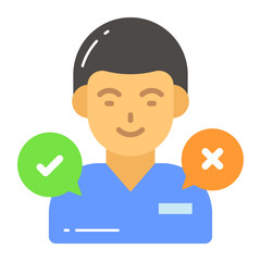 Male avatar with checkmark and cross sign, vector of customer feedback