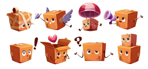 Cute parcel box character, happy delivery mascot. Funny cardboard package box for warehouse, mail and shipping with question mark, wings, megaphone and parachute, vector cartoon set