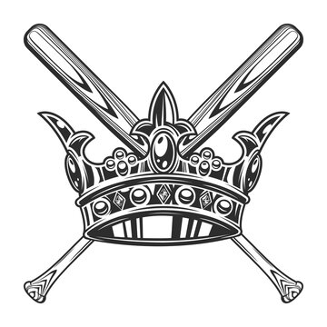 Baseball bat with king crown club emblem design elements template in vintage monochrome style isolated vector illustration