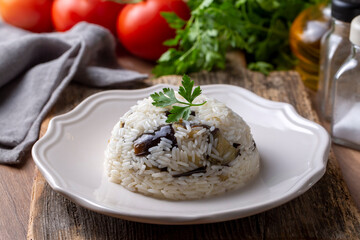Traditional Turkish food; Eggplant rice pilaf. Turkish name; Patlicanli pirinc pilavi