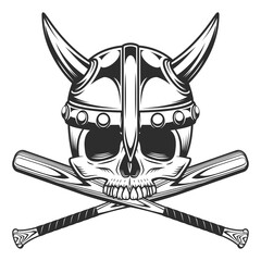 Viking skull without jaw in horned helmet with baseball bat club emblem design elements template in vintage monochrome style isolated vector illustration