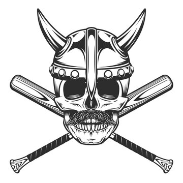 Viking skull in horned helmet and mustache with baseball bat club emblem design elements template in vintage monochrome style isolated vector illustration