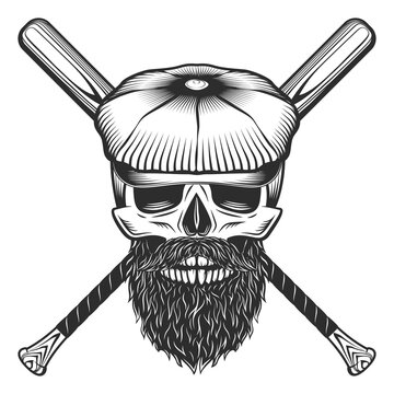 Skull in flat cap with beard and mustache with baseball bat club emblem design elements template in vintage monochrome style isolated vector illustration
