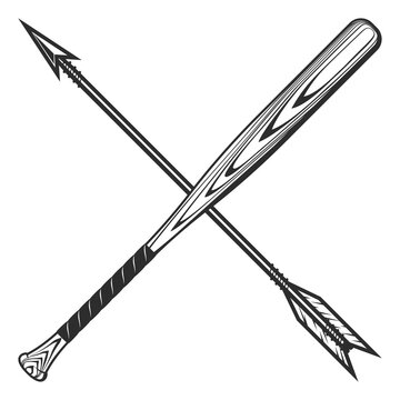 Arrow with arrowhead with baseball bat club emblem design elements template in vintage monochrome style isolated vector illustration
