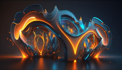 Rendering abstract futuristic background with glowing neon blue and orange lights. Generative ai