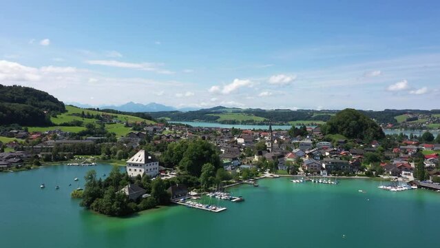  aerial view of mattsee with castle mattsee,austrian region flachgau,travel photography by drone,

