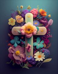 Cross surrounded by colorful flowers and butterflies. Isolated composition. Design for advertising, collection