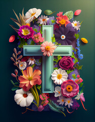 Cross surrounded by colorful flowers and butterflies. Isolated composition. Design for advertising, collection