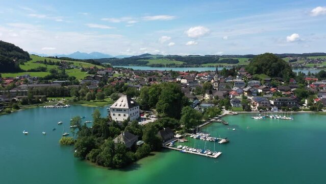  aerial view of mattsee with castle mattsee,austrian region flachgau,travel photography by drone,

