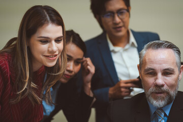 professional businessman and businesswoman meeting to work with corporate project discussion with business team together, communication of colleague teamwork group man and woman in creative office