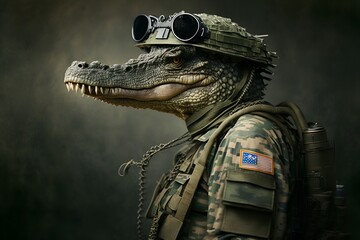 Portrait of a alligator in a tactical military uniform, generative ai	
