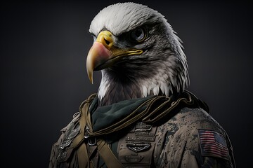 Portrait of an american bald eagle in a tactical military uniform, generative ai	