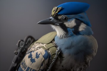 Portrait of a blue jay in a tactical military uniform, generative ai	