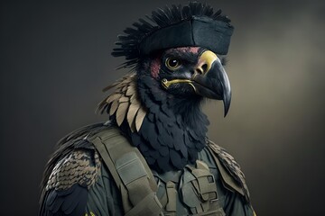 Portrait of an american condor in a tactical military uniform, generative ai	