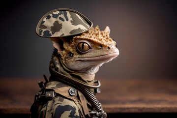 Portrait of a crested gecko in a tactical military uniform, generative ai	