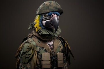 Portrait of a macaw in a tactical military uniform, generative ai
