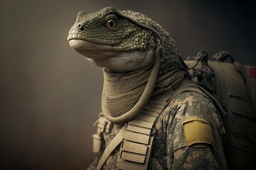 Portrait of a monitor lizard in a tactical military uniform, generative ai	