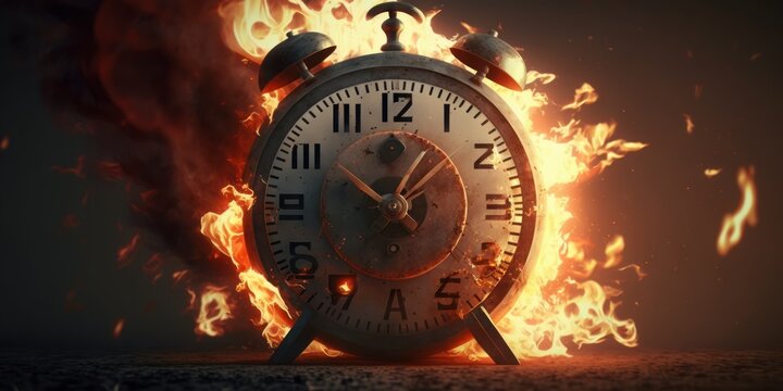 Time crunch, Burning clock working overtime to finish work,Shopping time clock for last minute offer. Generative Ai