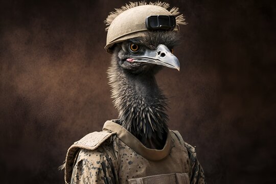 Portrait of an emu in a tactical military uniform, generative ai	