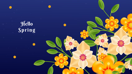 Fototapeta na wymiar Hello spring. Dark blue background with flowers in flat style