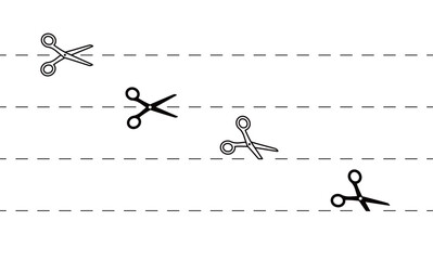 Seamless sale coupone crop path with scissorsin different positions. Dashed perforated border. Dash cutout line. Crop marks on voucher border. Vector illustration.