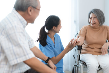 Obraz premium health insurance of retired assistance concept, woman nurse or doctor help support senior patient at home, medicine caregiver having medical health care for elderly female to happy care at home