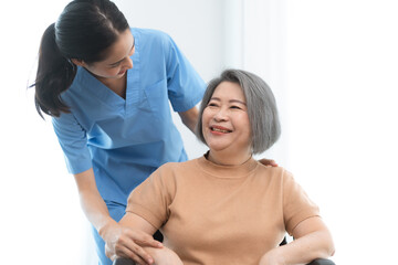 Fototapeta premium health insurance of retired assistance concept, woman nurse or doctor help support senior patient at home, medicine caregiver having medical health care for elderly female to happy care at home