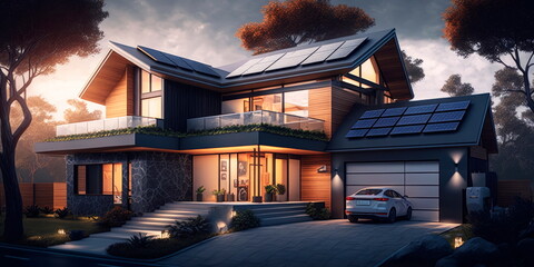 Smart home with energy efficient appliances and solar panels on the roof Generative AI