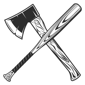 Lumberjack axe with baseball bat club emblem design elements template in vintage monochrome style isolated vector illustration