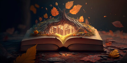 magical forest with a book hidden in a tree stump Generative AI
