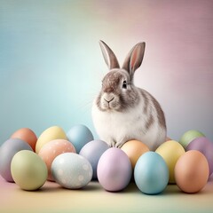 Fototapeta na wymiar Happy Easter bunny with many colorful easter eggs, generative ai