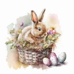 beautiful basket of Easter eggs and a baby bunny , Watercolor texture, generative ai