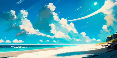Bright sun and blue sky over sandy beach Generative AI