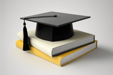 2 books and black graduation cap on white background table