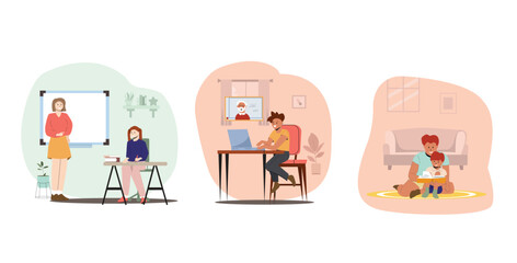 Family Education, School at Home Concept. Parents and Children Make Lessons Together, Prepare Classes.Mother, Father, Kids Students Characters Study and Make Homework. Cartoon People Vector Illustrati