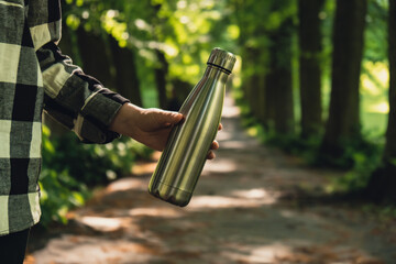 Close-up of Unrecognizable female hand holding Water bottle. Reusable steel thermo water bottle in...