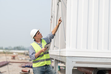 Industry engineer under checking the industry cooling tower air conditioner is water cooling tower...