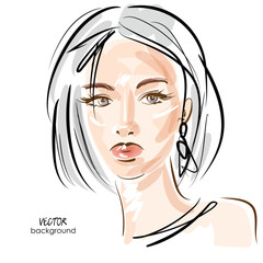 art sketching portrait of beautiful young woman makeup face; fashion vector; glamour girl model; hand draw illustration; short hairstyle for the evening, wedding; modern design for women's day greetin