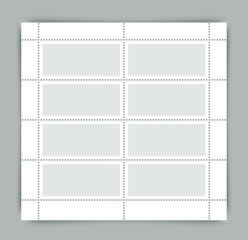 Collector post stamp template. Empty sale coupons set with perforated borders. Collection paper postmarks. Postal stickers for mail letter. Postage stamps set. Vector illustration.