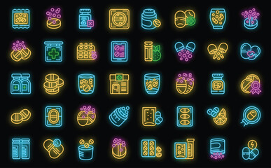 Effervescent tablets icons set outline vector. Water pill. Cup drug neon color on black