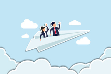 Obraz premium Mentor or support employee to success, manager to help or advice staff to reach goal, work coaching or adviser expert concept, businessman manager riding paper plane origami with team colleagues. 