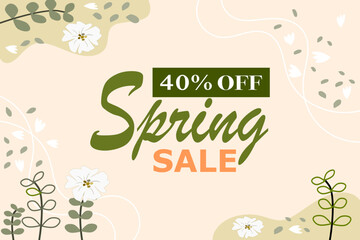 Hello Spring hand logotype, badge typography icon. Lettering spring season with leaf white flowers for greeting card, invitation template. Modern banner poster template background, Sale, offer