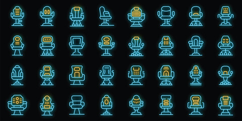 Gaming chair icons set outline vector. Equipment furniture. Gamer comfort neon color on black