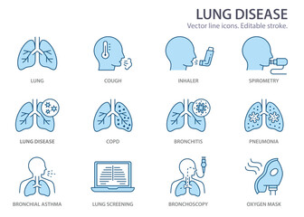 lung disease icons, such as bronchitis, bronchial asthma, spirometry and more. Vector illustration isolated on white. Editable stroke. Change to any size and any colour. - 578582664
