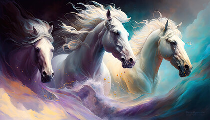 Naklejka na ściany i meble Generative AI illustration of white horses in mystic clouds