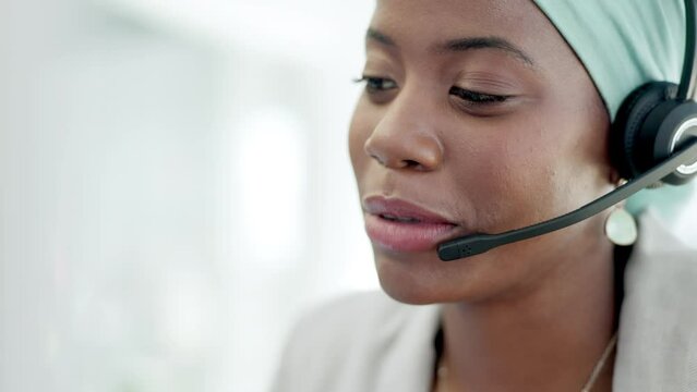 Black woman, call center and consulting in telemarketing, customer service or support at office desk. Happy African female consultant or agent face talking with headset explaining sales in contact us