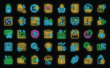 Tax deduction icons set outline vector. Income account. Relief calculator neon color on black