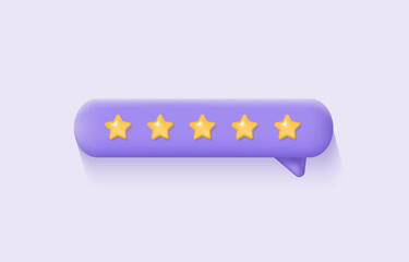 3d customer review. Feedback from clients concept. Stars rating on purple background. Realistic vector illustration for website or mobile applications.