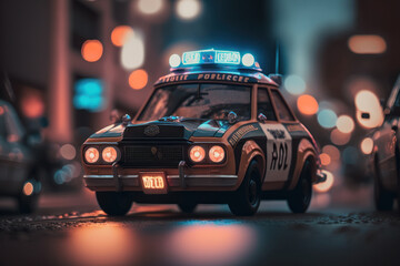 Fototapeta na wymiar A miniature police car patrolling the night city, Generative AI